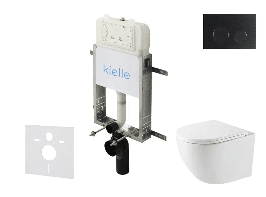 kielle 30528SZ42 - Set předstěnové instalace, kompaktního klozetu Oudee, Vortex Rimless+, sedátka softclose a tlačítka Gemini New II, matná černá