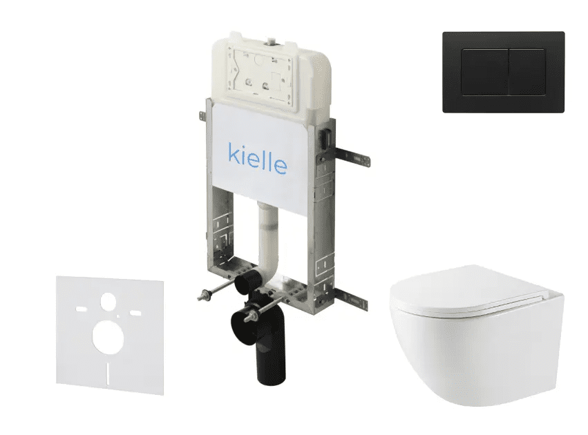 kielle 30528SZ45 - Set předstěnové instalace, kompaktního klozetu Oudee, Vortex Rimless+, sedátka softclose a tlačítka Gemini New III, matná černá
