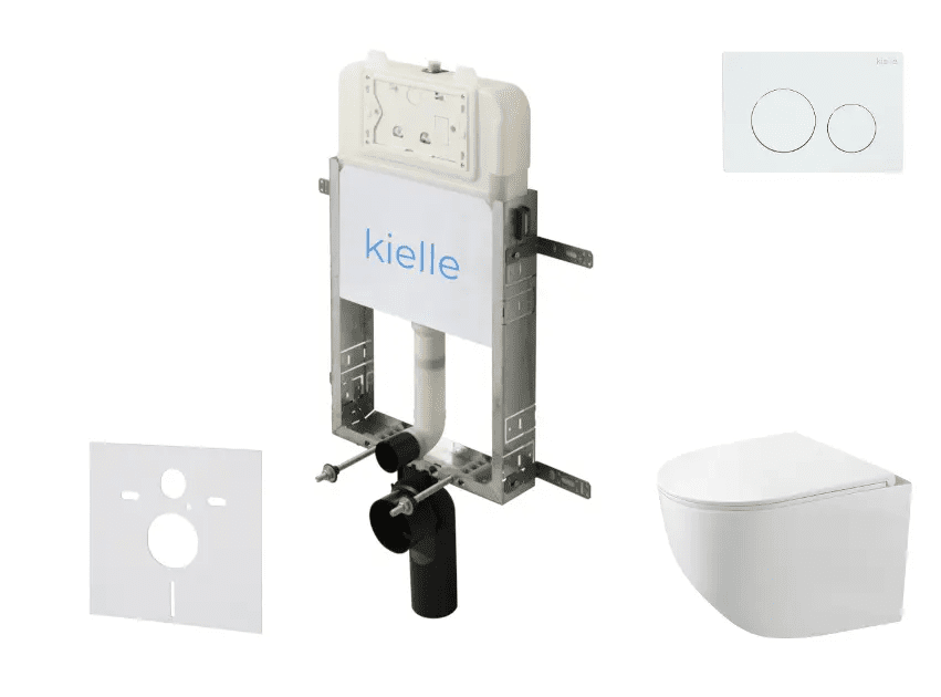 kielle 30528SZ82 - Set předstěnové instalace, kompaktního klozetu Gaia, Rimless, sedátka softclose a tlačítka Gemini New I, lesklá bílá