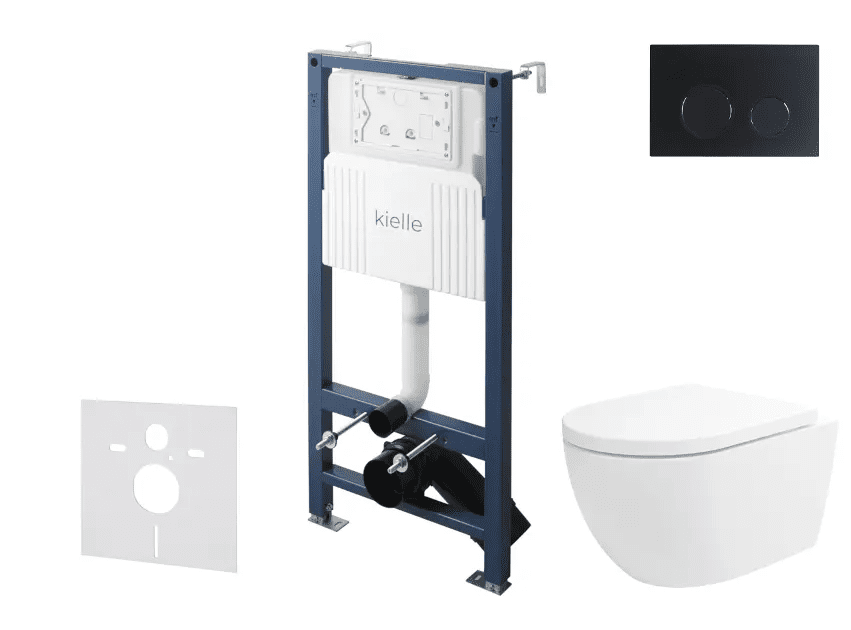 kielle 30528SS24 - Set předstěnové instalace, klozetu Oudee, Vortex Rimless+, sedátka softclose a tlačítka Gemini New II, matná černá
