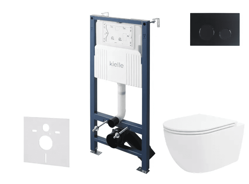 kielle 30528SS33 - Set předstěnové instalace, klozetu Oudee, Vortex Rimless+, sedátka softclose a tlačítka Gemini New II, matná černá