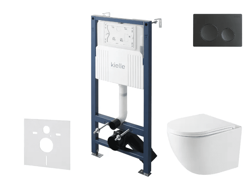 kielle 30528SS39 - Set předstěnové instalace, kompaktního klozetu Oudee, Vortex Rimless+, sedátka softclose a tlačítka Gemini New I, matná černá