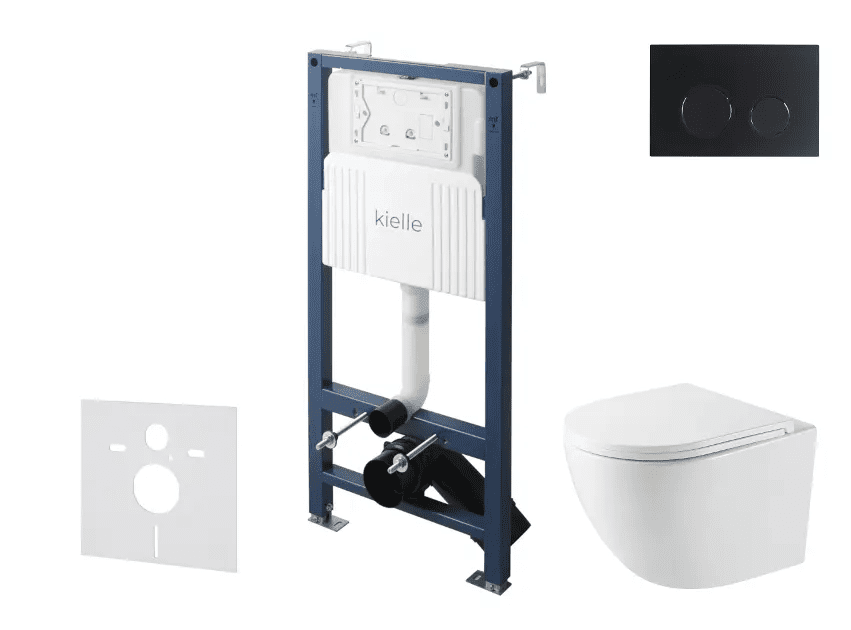 kielle 30528SS42 - Set předstěnové instalace, kompaktního klozetu Oudee, Vortex Rimless+, sedátka softclose a tlačítka Gemini New II, matná černá