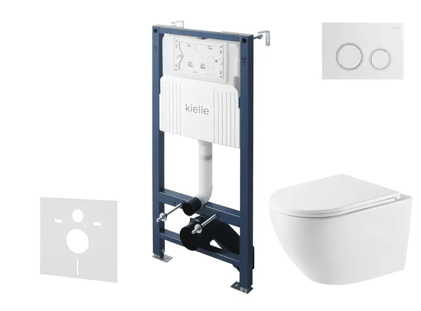 kielle 30528SS58 - Set předstěnové instalace, klozetu Oudee, Vortex Rimless+, sedátka softclose a tlačítka Gemini New II, lesklá bílá/chrom
