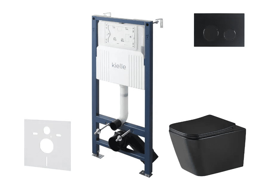 kielle 30528SS95 - Set předstěnové instalace, klozetu Arkas I, Vortex Rimless+, sedátka softclose a tlačítka Gemini New II, matná černá