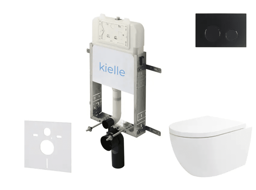kielle 30528SZ24 - Set předstěnové instalace, klozetu Oudee, Vortex Rimless+, sedátka softclose a tlačítka Gemini New II, matná černá