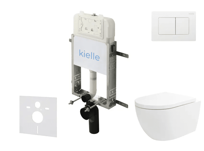 kielle 30528SZ25 - Set předstěnové instalace, klozetu Oudee, Vortex Rimless+, sedátka softclose a tlačítka Gemini New III, lesklá bílá