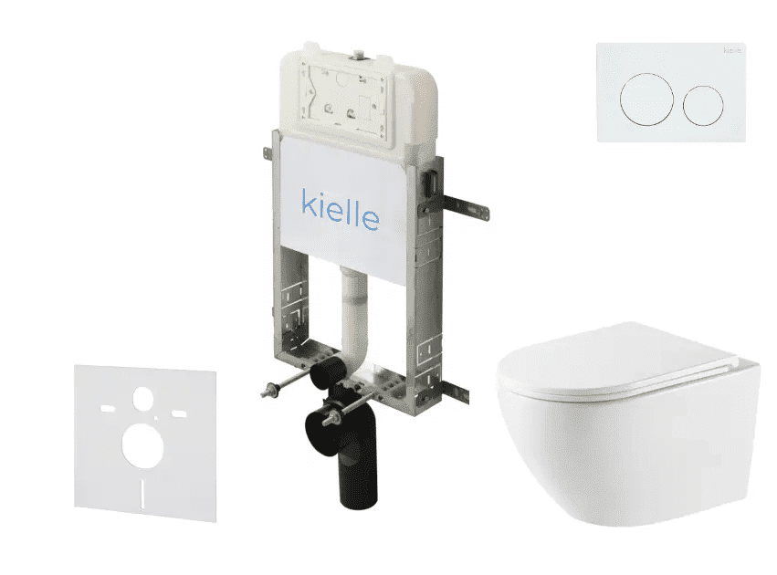 kielle 30528SZ55 - Set předstěnové instalace, klozetu Oudee, Vortex Rimless+, sedátka softclose a tlačítka Gemini New I, lesklá bílá