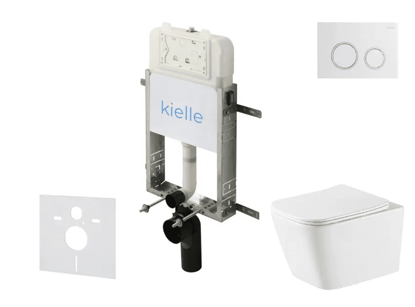 kielle 30528SZ76 - Set předstěnové instalace, klozetu Arkas I, Vortex Rimless+, sedátka softclose a tlačítka Gemini New II, lesklá bílá/chrom
