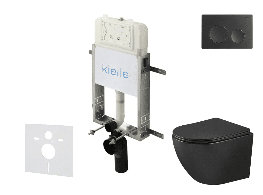 kielle 30528SZ91 - Set předstěnové instalace, klozetu Oudee, Vortex Rimless+, sedátka softclose a tlačítka Gemini New I, matná černá