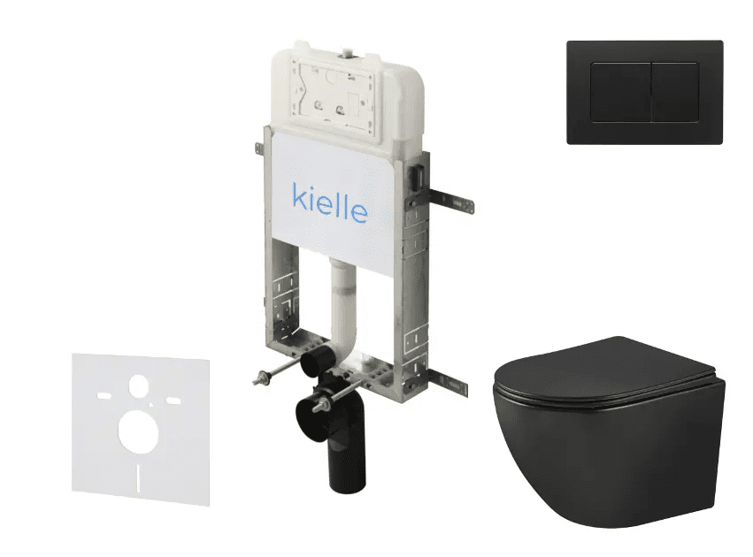 kielle 30528SZ93 - Set předstěnové instalace, klozetu Oudee, Vortex Rimless+, sedátka softclose a tlačítka Gemini New III, matná černá