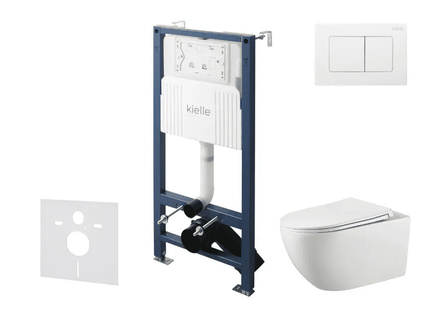 kielle 30528SS16 - Set předstěnové instalace, klozetu Gaia, Rimless, sedátka softclose a tlačítka Gemini New III, lesklá bílá