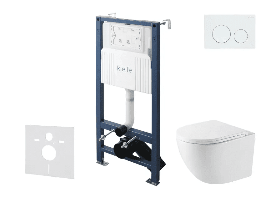 kielle 30528SS37 - Set předstěnové instalace, kompaktního klozetu Oudee, Vortex Rimless+, sedátka softclose a tlačítka Gemini New I, lesklá bílá