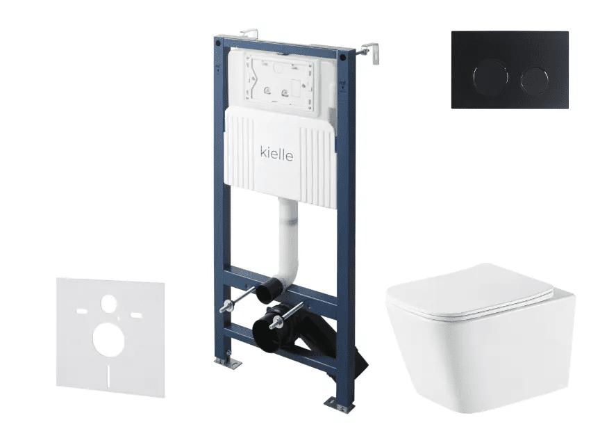 kielle 30528SS78 - Set předstěnové instalace, klozetu Arkas I, Vortex Rimless+, sedátka softclose a tlačítka Gemini New II, matná černá