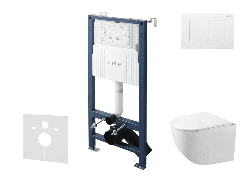 kielle 30528SS88 - Set předstěnové instalace, kompaktního klozetu Gaia, Rimless, sedátka softclose a tlačítka Gemini New III, lesklá bílá