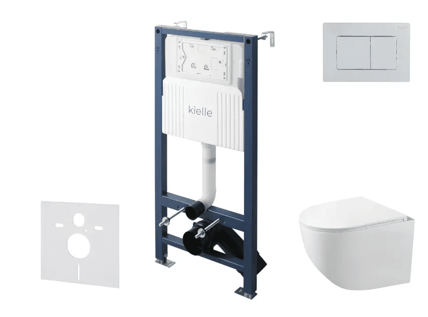 kielle 30528SS89 - Set předstěnové instalace, kompaktního klozetu Gaia, Rimless, sedátka softclose a tlačítka Gemini New III, lesklý chrom