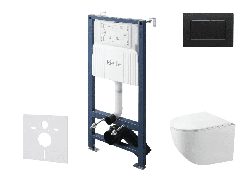 kielle 30528SS90 - Set předstěnové instalace, kompaktního klozetu Gaia, Rimless, sedátka softclose a tlačítka Gemini New III, matná černá