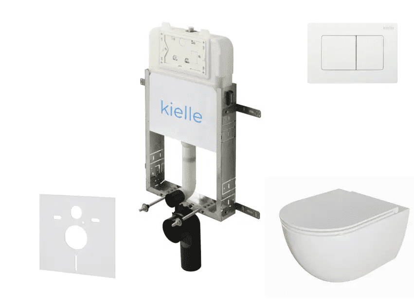 kielle 30528SZ07 - Set předstěnové instalace, klozetu Oudee, Rimless, sedátka softclose a tlačítka Gemini New III, lesklá bílá