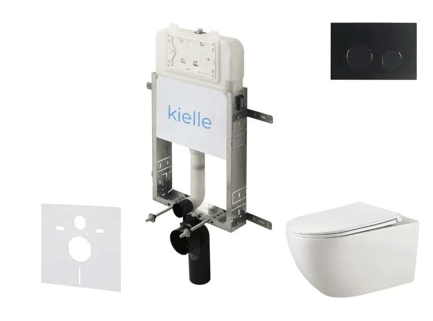 kielle 30528SZ15 - Set předstěnové instalace, klozetu Gaia, Rimless, sedátka softclose a tlačítka Gemini New II, matná černá