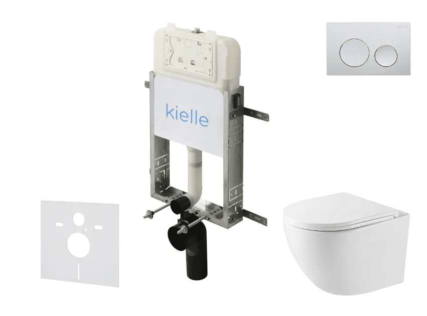 kielle 30528SZ38 - Set předstěnové instalace, kompaktního klozetu Oudee, Vortex Rimless+, sedátka softclose a tlačítka Gemini New I, lesklý chrom