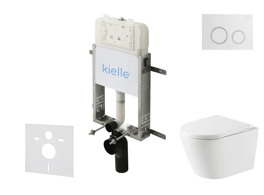 kielle 30528SZ49 - Set předstěnové instalace, klozetu Nefia, Vortex Rimless+, sedátka softclose a tlačítka Gemini New II, lesklá bílá/chrom
