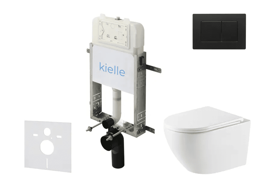 kielle 30528SZ63 - Set předstěnové instalace, klozetu Oudee, Vortex Rimless+, sedátka softclose a tlačítka Gemini New III, matná černá