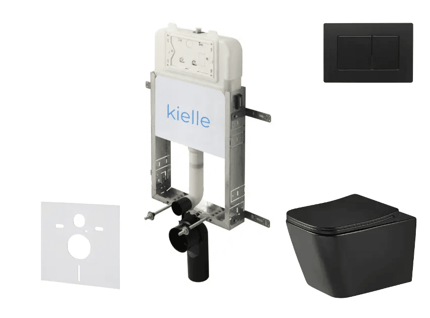 kielle 30528SZ96 - Set předstěnové instalace, klozetu Arkas I, Vortex Rimless+, sedátka softclose a tlačítka Gemini New III, matná černá