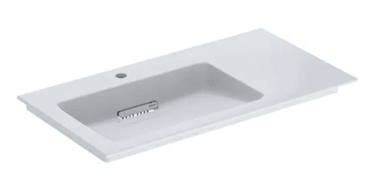 Geberit 505.007.00.1 - Umyvadlo nábytkové 90x48x13 cm, skrytý přepad, s otvorem pro baterii, vodorovný odtok, KeraTect, bílá
