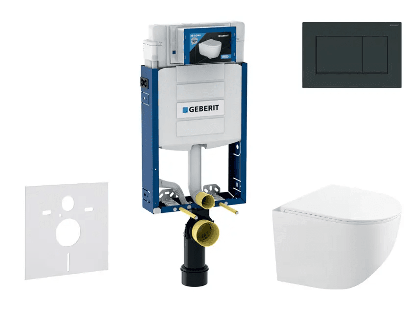 Geberit SANI15CA5123 - Set předstěnové instalace, kompaktního klozetu Gaia a sedátka softclose, tlačítko Sigma20, černá lesk/černá mat