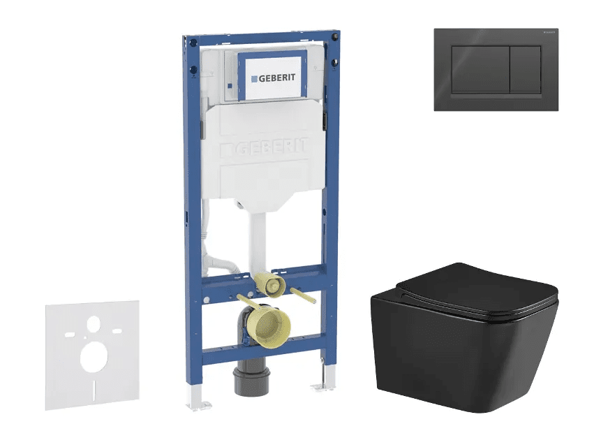 Geberit SANI11CA5511 - Set předstěnové instalace, klozetu Arkas I a sedátka softclose, tlačítko Sigma20, černá lesk/černá mat