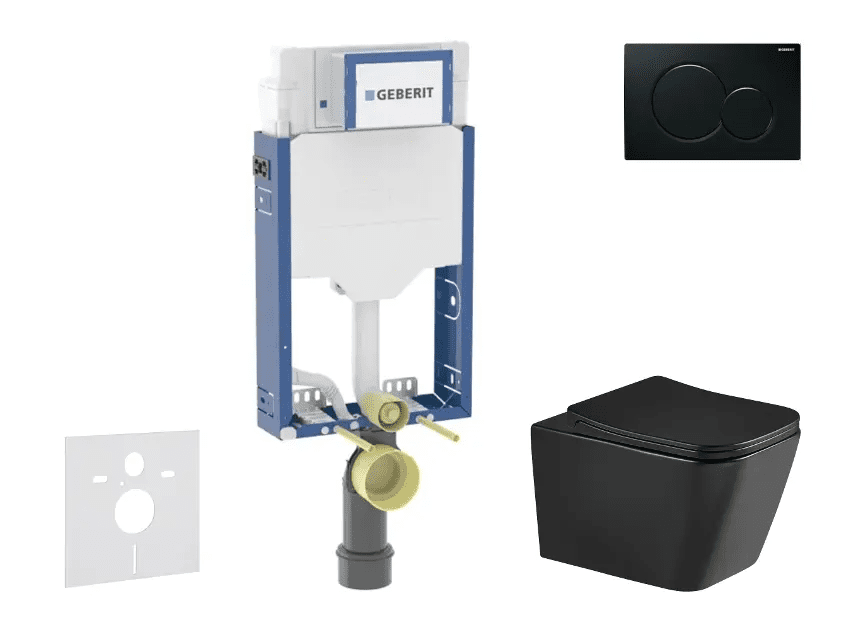 Geberit SANI15CA5509 - Set předstěnové instalace, klozetu Arkas I a sedátka softclose, tlačítko Sigma01, černá