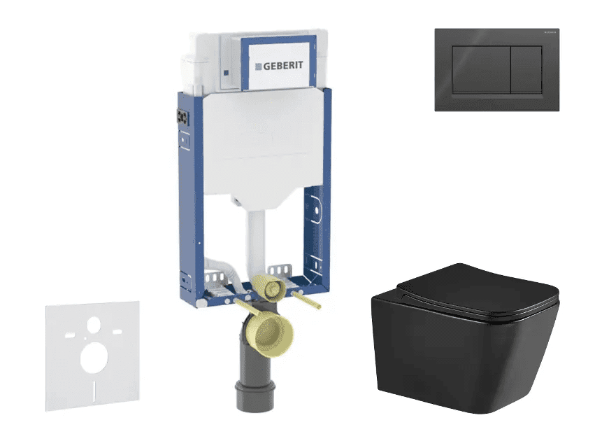 Geberit SANI15CA5511 - Set předstěnové instalace, klozetu Arkas I a sedátka softclose, tlačítko Sigma20, černá lesk/černá mat