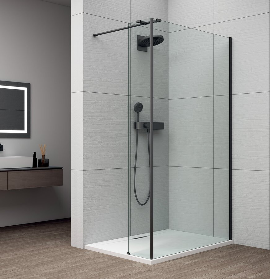 Polysan ESCA BLACK MATT sprchová zástěna s instalací ke stěně 1400mm a přídavným panelem 285mm, čiré sklo
