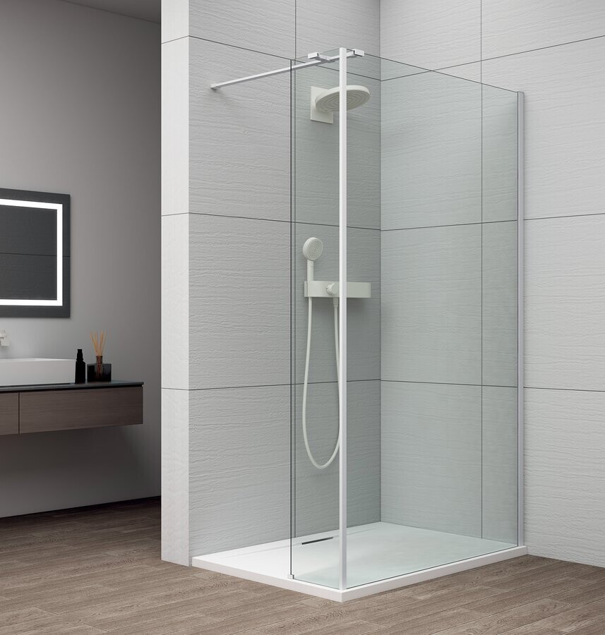 Polysan ESCA WHITE MATT sprchová zástěna s instalací ke stěně 1100mm a přídavným panelem 285mm, čiré sklo