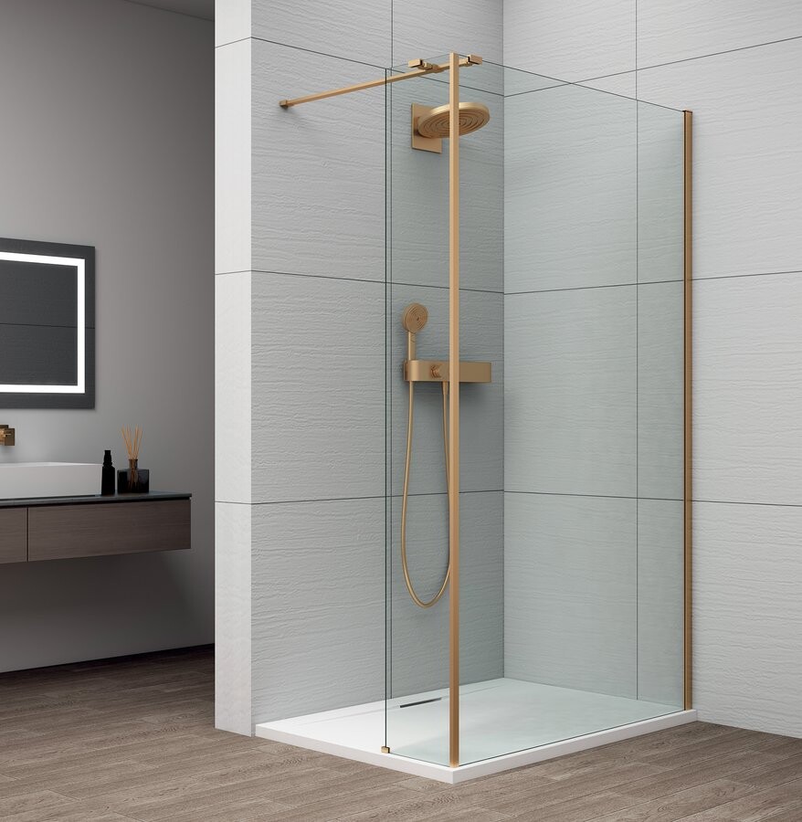 Polysan ESCA GOLD MATT sprchová zástěna s instalací ke stěně 1300mm a přídavným panelem 585mm, čiré sklo