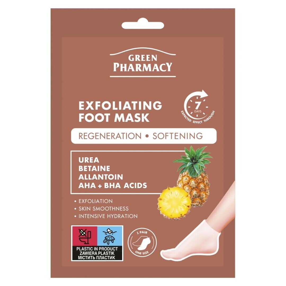 Green Pharmacy Exfoliating Foot Mask - exfoliační maska ​​na nohy s ureou, betadinem, alantoinem a AHA+BHA kyselinami, 2 x 20 ml (1 pár)
