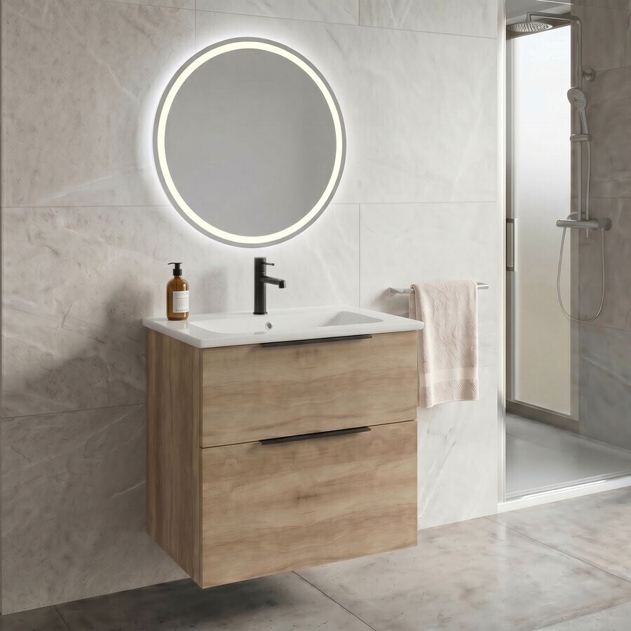Sapho SET koupelnová skříňka CIRASA 60cm s umyvadlem a LED zrcadlem, 2x zásuvka, dub alabama