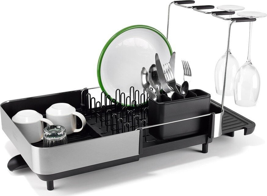 Černý nastavitelný plastový odkapávač 35,5x38 cm Extend Steel Plus – Joseph Joseph