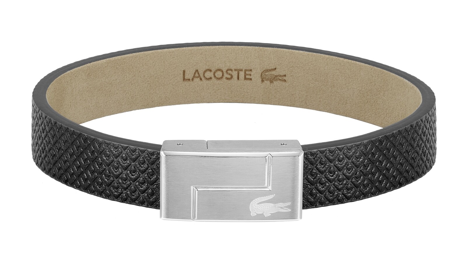 Lacoste Černý kožený náramek Monogram Leather 2040185 17,5 cm