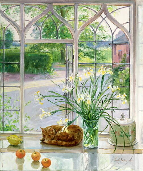 Easton, Timothy Plakát, Obraz - Irises and Sleeping Cat, 1990, Easton, Timothy, 33.6 × 40 cm