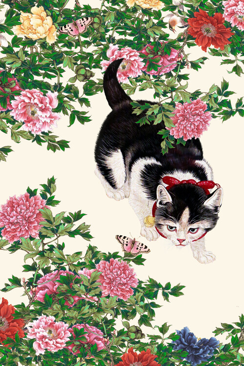 Marja van den Hurk Plakát, Obraz - Curious Cat Peonies, Marja van den Hurk, 26.7 × 40 cm