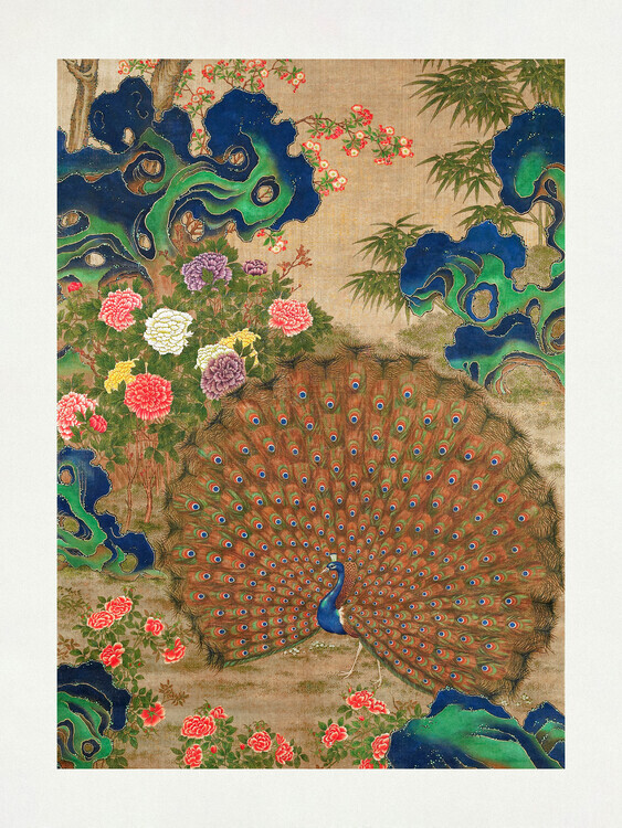 Vintage Japanese Plakát, Obraz - Chinese Peacock and Flowers (17th Century), Vintage Japanese, 30 × 40 cm