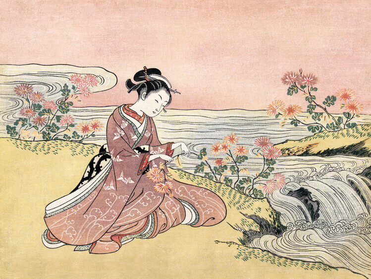 Suzuki Harunobu Plakát, Obraz - Japanese Woman Picking Chrysanthemum (1725 1770) Vintage Woodblock Print, Suzuki Harunobu, 40 × 30 cm