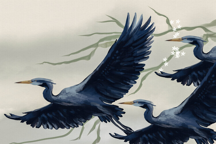 Josie George Plakát, Obraz - Flying Herons and Blossoms, Josie George, 40 × 26.7 cm
