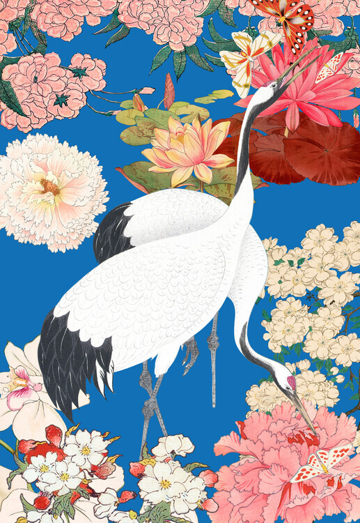Marja van den Hurk Plakát, Obraz - Japanese Cranes Floral Art, Marja van den Hurk, 26.7 × 40 cm