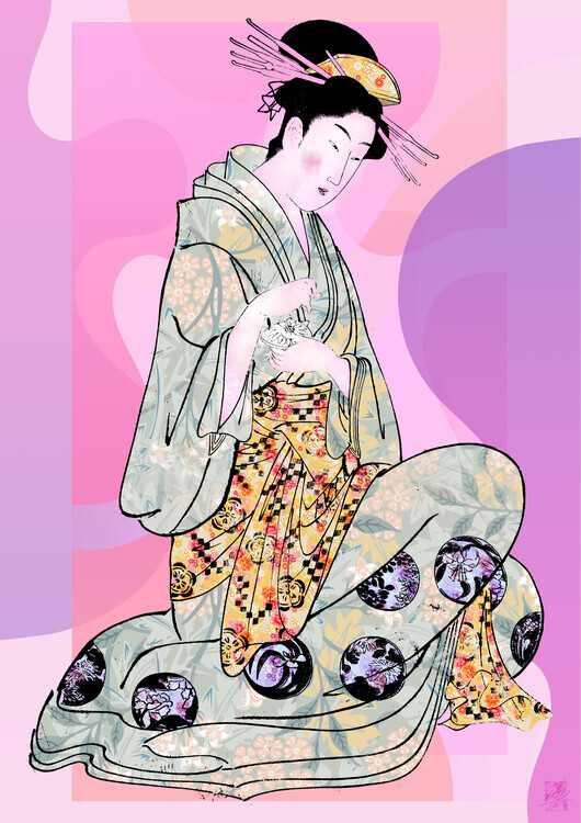 Osvaldo Russo Plakát, Obraz - Elegant Geisha Kneeling, Osvaldo Russo, 30 × 40 cm