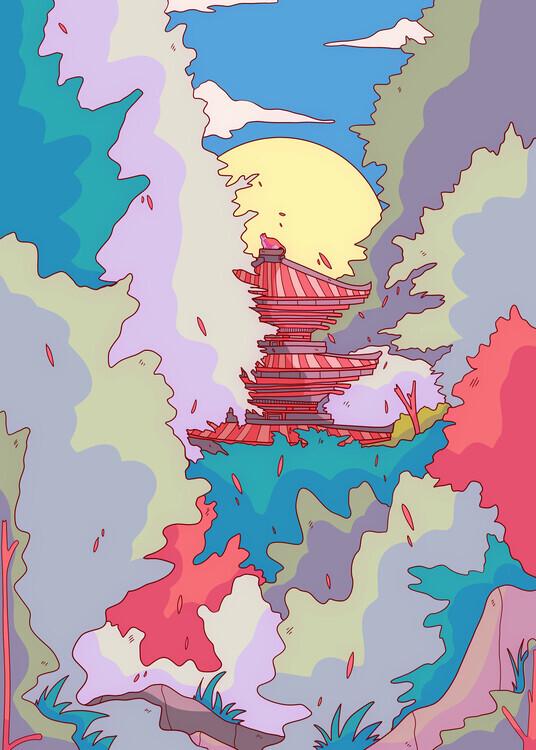Stephen Wade Plakát, Obraz - Moonlit Fantasy Pagoda, Stephen Wade, 30 × 40 cm