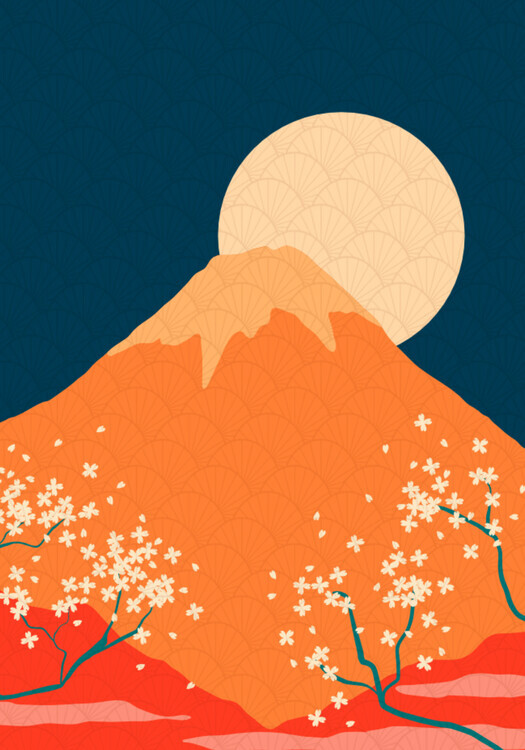 Fadil Roze Plakát, Obraz - Mount Fuji Cherry Moon, Fadil Roze, 26.7 × 40 cm