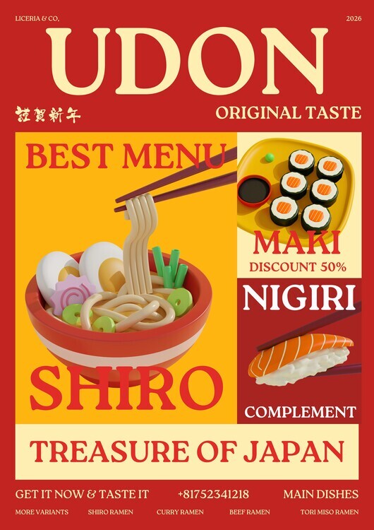 Julia Ramiro Plakát, Obraz - Japanese Udon And Sushi, Julia Ramiro, 30 × 40 cm