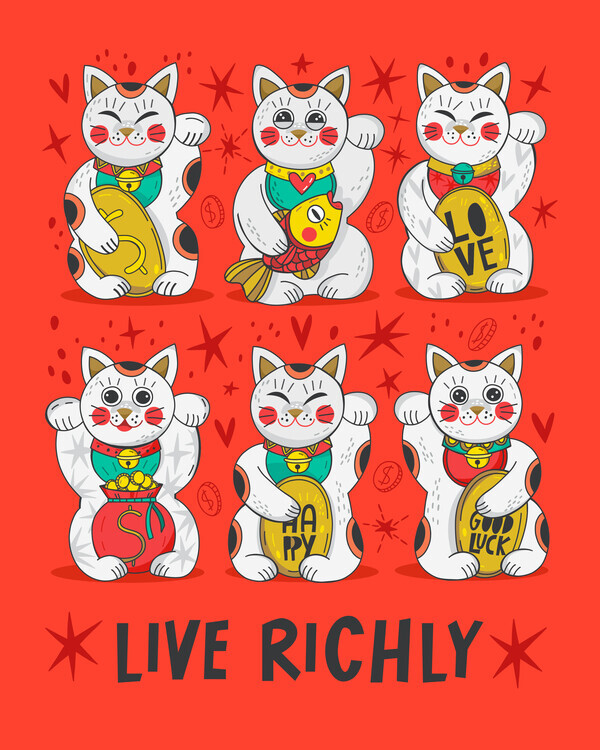 Marusha Belle Plakát, Obraz - Lucky Maneki Neko Cats, Marusha Belle, 30 × 40 cm